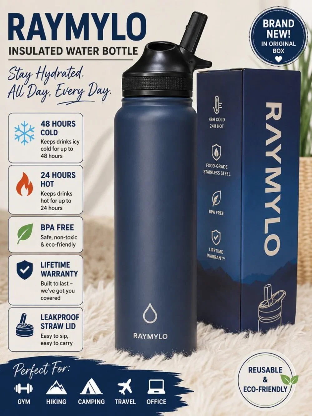 RAYMYLO Insulated Stainless Steel Water Bottle 24oz Navy 48H Cold 24H Hot NEW